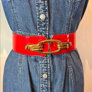 Emmanuel vintage cherry red patent wide belt with goldtone buckle medium